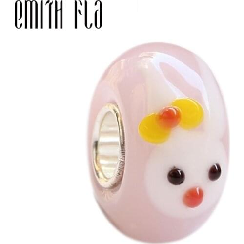Emith Fla 925 Sterling Silver Large Hole Colorful Animal Rabbit Murano Glass European Charm Beads Fit Brand Bracelet Jewelry