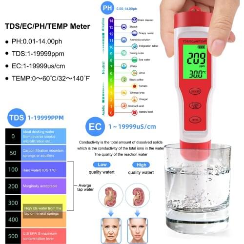 Digital PH Meter 4 in 1 PH TDS EC Temp Tester Replace Probe Water Water Quality Detector Conductivity PH Meter PH Test Pen
