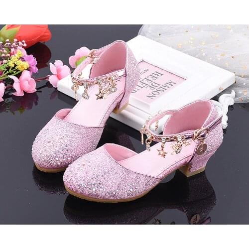 Children Princess Shoes for Girls Sandals High Heel Glitter Shiny Rhinestone Enfants Fille Female Party Dress Shoes Pink Silver