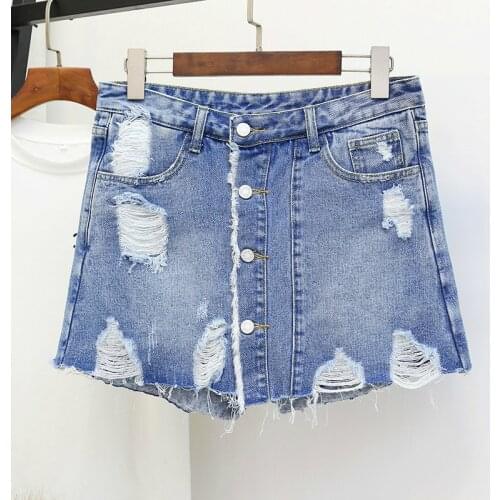 Denim Shorts Skirt Blue Korean Vintage High Waist Female Loose Womens Summer Ripped Hole Button Jeans Shorts Plus Size 5XL