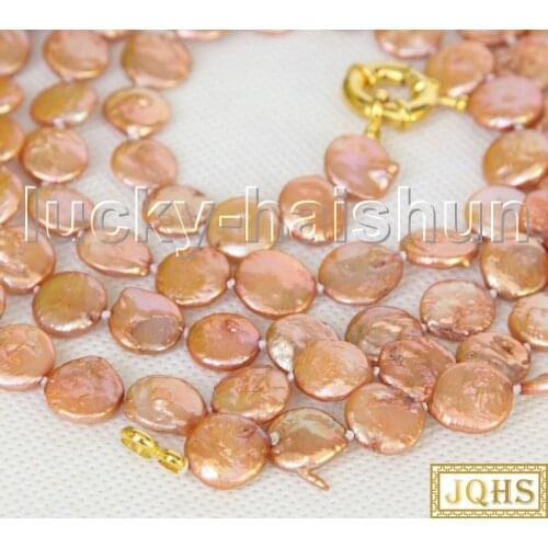 JQHS 48" 12mm coin fastener champagne pearls beads Strand knotted necklace filled gold clasp j11202