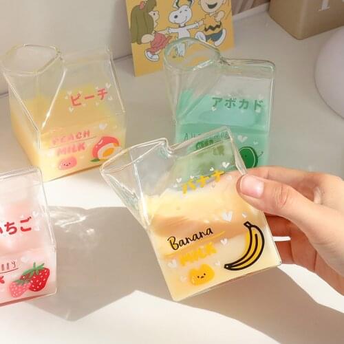 Japanese Style Square Milk Box Glass Cup for Breakest High Temperature Resistance 380ml Strawberry Banana Print Drinking Mug