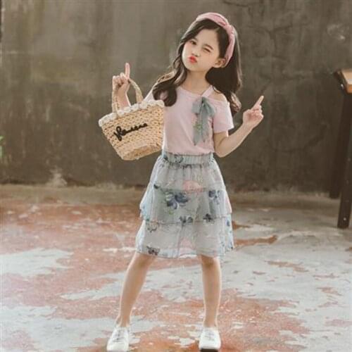 Age For 3 4 5 6 8 10 12 Year Girls Clothes Summer Set 2 Colors Children Girl Short Sleeve t-shirt+Floral Dress Casual Suits