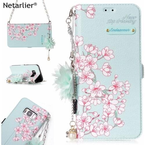 Netarlier Wallet Case For Samsung Galasy S8 3D Flowers Kickstand With Card Pocket Handchain Leather Wallet Phone Back Case Cover