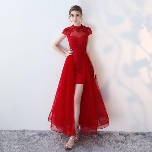 Bride Red Lace Evening Gowns Party Dresses Long Chinese Wedding Dress Cheongsam Qipao Oriental Costumes Elegant Dress Women