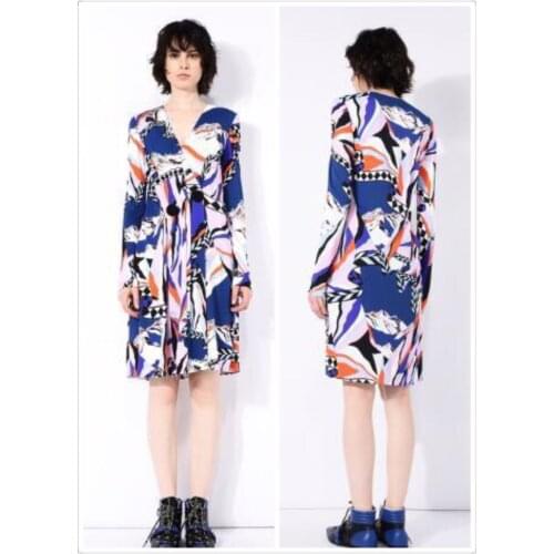 New womens clothing in the spring and autumn v-neck long-sleeve beautiful printed show thin slim elastic knitted dress