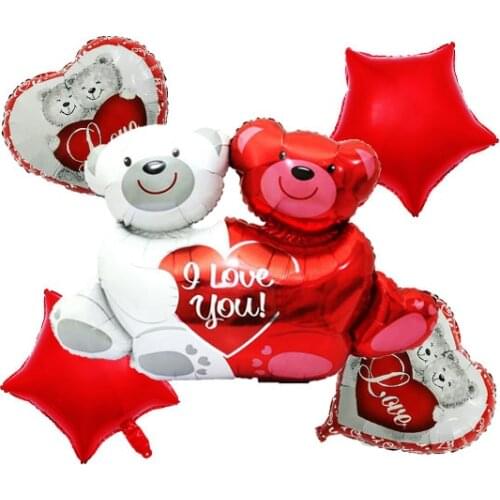 Valentines Day Party Supplies 5 Pcs Bear Foil Balloons Set 18 Inch Bear Heart Foil Balloon and 18 Inch Star Balloons