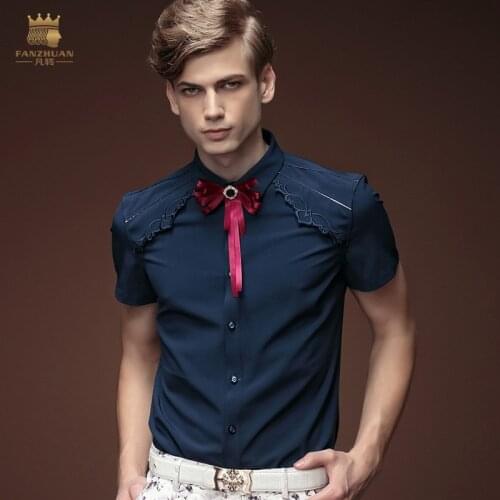 Free shipping new fashion casual mens male summer short sleeved shirt blue embroidered collar shirt 15332 Partys color on sale