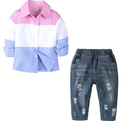 Spring Autumn Casual Baby Boys Clothes Sets Cotton Long Sleeve Striped Shirts + Jeans Pants 2Pcs/set Gentleman Kids Clothes Suit