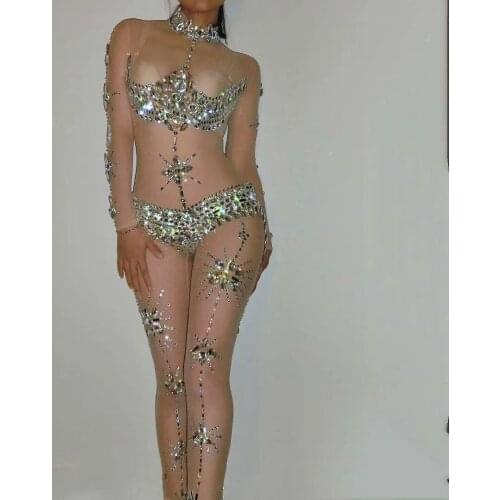 Sexy Perspective Crystal Jumpsuit Women Stretch Rhinestone Rompers Transparent Party Bodysuit Nightclub Singer Dancer Stage Wear