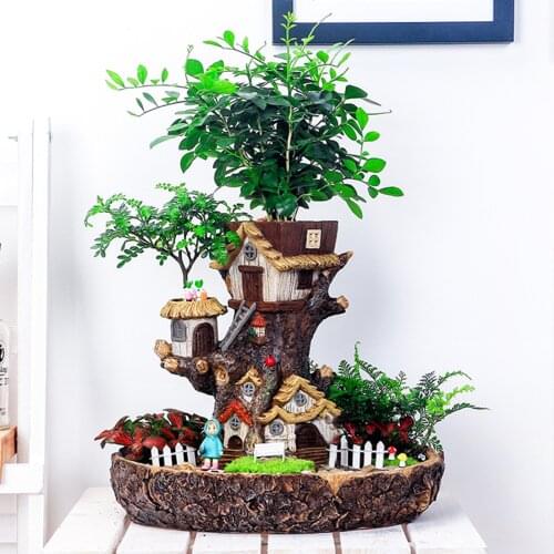 Landscape Flower Pot Bonsai Flower Vase Plant Resin Tree House Succulent Planter No Flowers Desktop Potted Room Decor 29*26.8cm