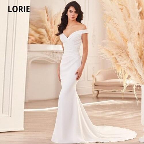 LORIE Mermaid Wedding Dresses Boho Pleats Off the Shoulder Long White Ivory Stretchy Wedding Bridal Gown 2021 suknia slubna