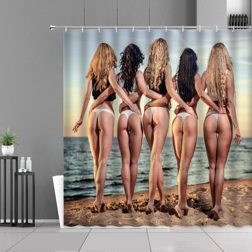 Sandy Beach Sexy Beauty Shower Curtains Bodybuilding Girl Ocean Scenery Bathroom Curtain Home Wall Decor Cloth Screen Waterproof