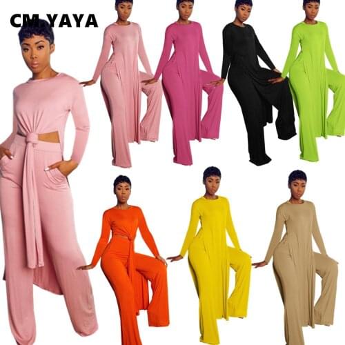 CM.YAYA Solid Classic Womens Set Long Sleeve High Slit X-long Tee Top Straight Pant Set Tracksuit Fitness Two Piece Outfits Set