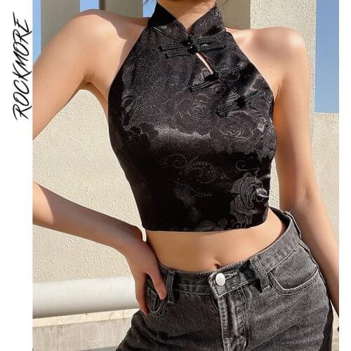 Rockmore Vintage Halter Crop Top Women Chinese Cheongsam Style Camis Streetwear Sexy Backless Tie-Up Corset Tops Gothic 2021
