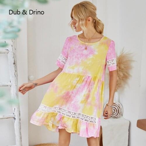 Women 2020 Summer Holiday Ruffled Dress Casual Loose O- Neck Printing Beach Party Short Mini Sundress Frilled Large size