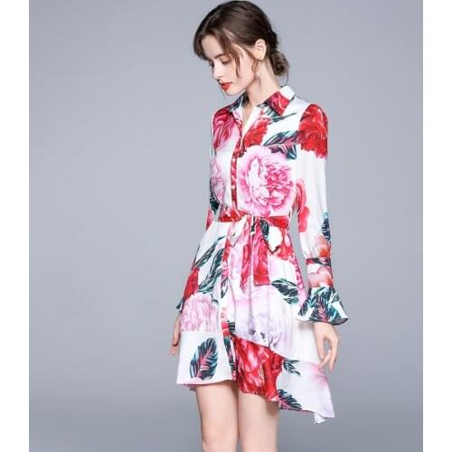 Women Runway Floral Summer Shirt Dresses 2021 Female Flower Print Flare Sleeve Elegant Belt Bow Holiday Boho Short Dress k8016