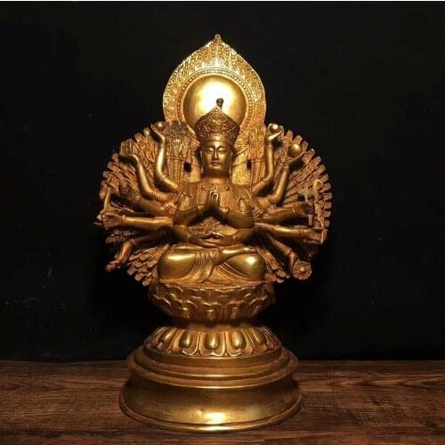 10" china old Tibet Tibetan Buddhism bronze gilt Thousand hands guanyin statue