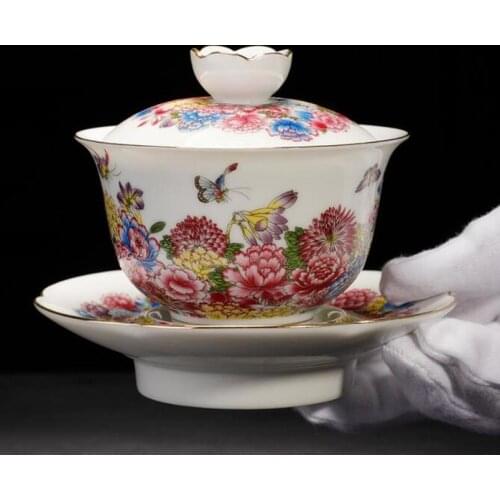 150ml Jingdezhen Kung Fu Tea Set Enamel Gaiwan Ceramic Porcelain Drinkware Office Master Tea Bowl with Saucer Lid Creative Gifts