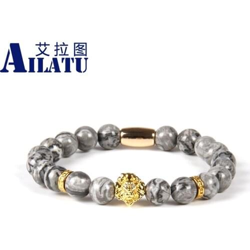Ailatu New Design Wholesale 10 PCs/Lot 8mm Gray Marble Sediment Stone Beads CZ Lion Head Tube Bracelet Laser Trademark Pattern