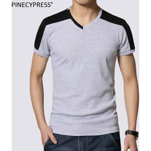 Quality Fashion Cotton Man T-shirt Short Sleeve Patchwork Casual V-neck Summer Male Tee Black Grey Men T Shirt