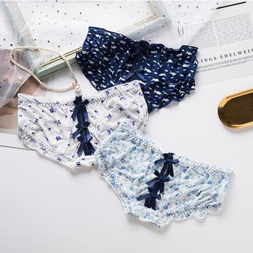 Hot selling Japanese sexy cute ice silk female underwear low waist bow triangle panties female print