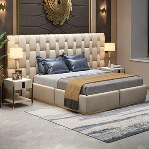 Italian leather bed large apartment villa master bedroom suede leather bed Hong Kong style high-end wedding bed post-modern
