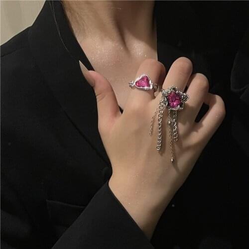 Korean Fashion Exquisite Rhinestone Peach Heart Shape Rings for Women Lady Gift Anniversary Jewelry Vintage Chains Tassel Ring