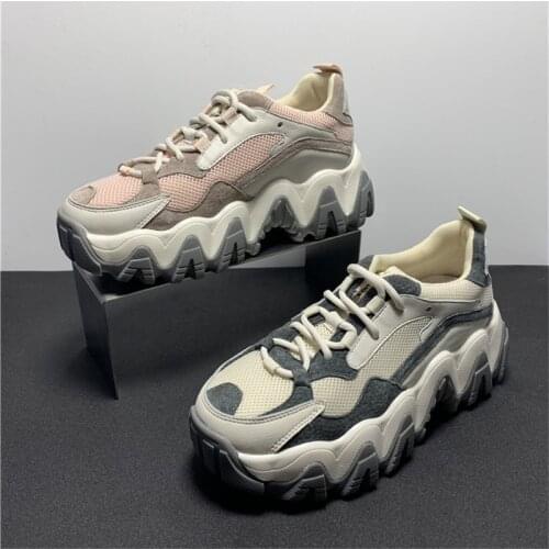 Wave Shape Thick Heel Female Trainers Height Increasing Casual Sport Mesh Shoes Lace up Shallow Patchwork Summer Women Shoes