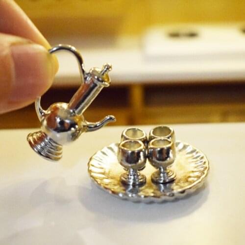1/12 Scale Dollhouse Miniature Flagon Wine Pot with Cups Set Pretend Play Kitchen Toy Accessories