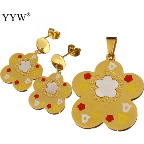 Fashion Jewelry Set Pendant & Earring With White Shell Flower Gold Color Stainless Steel Charm Pendants For Women Stud Earring