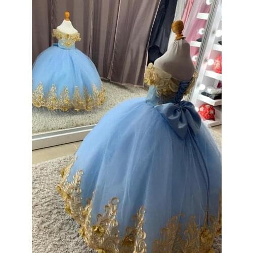 Sky Blue Puffy Tulle Off the Shoulder Flower Girl Dress Gold Lace Applique Satin Bow Kids Princess Birthday Party Dresses