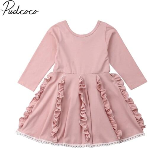 2019 Brand New Princess Gown Toddler Kids Baby Girls Solid Ruffled Dress Lace Long Sleeve Pink Ruffles Tassel A-Line Dress 2-7Y