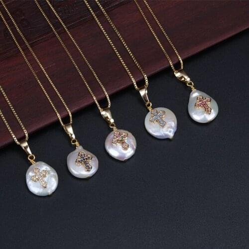 Charm freshwater pearl bead tiny cz paved various religious cross bless gold link chain pendant choker necklaces for women girl