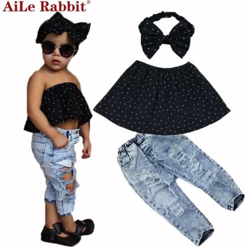 AiLe Rabbit Summer Kids Fashion Girls Clothing Sets 3 pcs Black Blouse Top & hole Casual Jeans&Hair band Girls Clothes Set k1