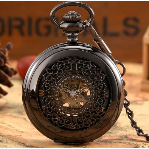 Manual Mechanical Pocket Watch Elegant Black Hollow Carved Chic Hand Winding Black Dial Durable Flip Case Art Collection Gifts