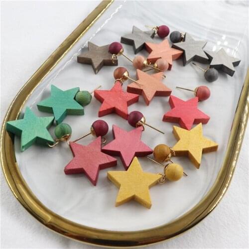 Cute Korean Star Drop Earrings For Women Jewelry Geometric Star Pure Natural Wood Earring Gifts Drop Shipping 2021