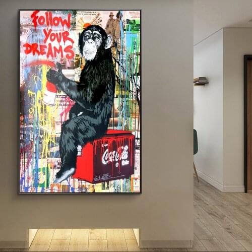 Follow Your Dreams Monkey Graffiti Art Canvas Posters And Prints Animals Street Art Canvas Paintings on the Wall Art Pictures
