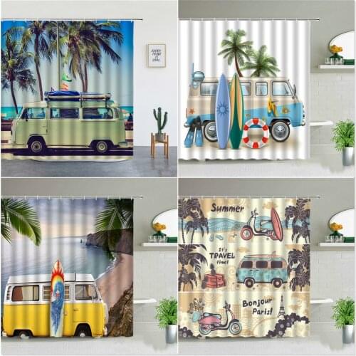 Vintage Summer Holiday Retro Bus Camper Van Shower Curtains Surfboard Palm Tree Bathroom Home Decor Bathtub Curtain With Hooks