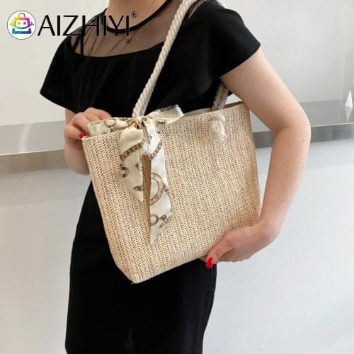 Vintage Women Straw Woven Silk Scarf Shoulder Shopping Tote Bag Casual Ladies Large Capacity Handbag