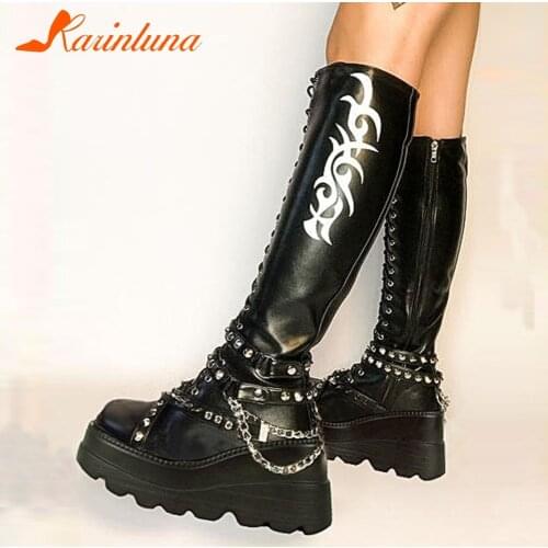 Big Size 34-43 Brand New Ladies Zip Platform Boots Fashion Print Rivet Chain High Heels Boots Women Goth Punk Wedges Shoes Woman