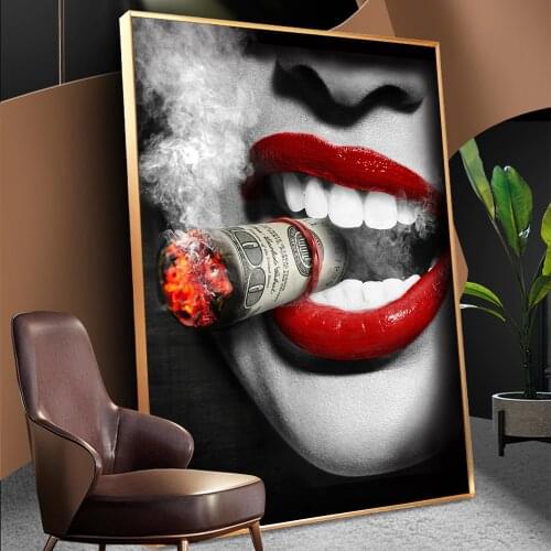 Women Smoking Posters Sexy Red Lips Cool Portrait Oil Paintings on Canvas Bar Wall Decor Hanging Pictures Home Decoration