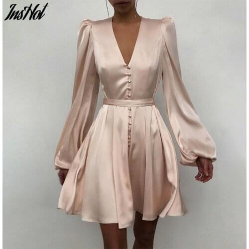 Spring Fashion Satin Solid Long Sleeve Dress 2021 Elegant Women Button A-Line Mini Dress Casual Loose V-Neck Party Dress Vestido