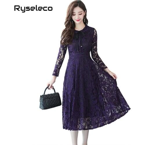 2018 New Long Sleeve Lace Dresses Work Casual Slim Fashion Bow Lace Up Sexy Hollow Out Women A-line Vintage Swing Flare Vestidos