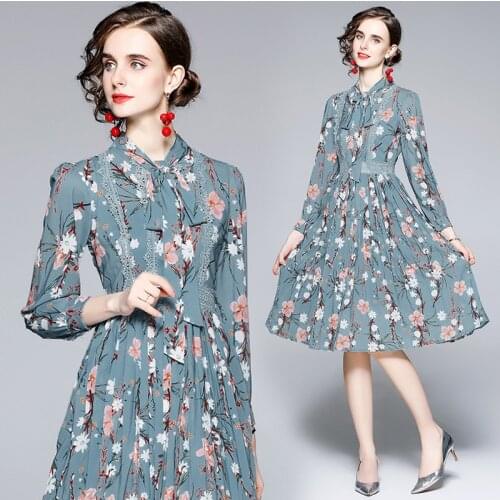 Runway Floral Chiffon Dress For Women 2021 Autumn Fall Elegant Puff Long Sleeve Laces Bow Pleated A Line Midi Shirt Dress Female