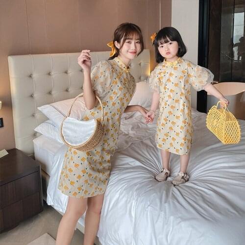 2021 Hanfu Girls Foreign Style Puff Sleeve Dress Summer Mother and Womens Dress Cheongsam Princess Dress Mommy and Me