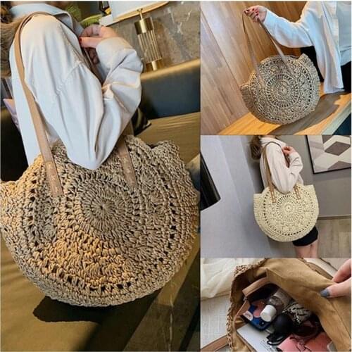 2021 Summer Round Straw Bags for Women Rattan Shoulder Bag Handmade Woven Beach Handbags Female Message Handbag Totes Bag