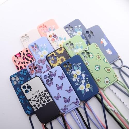 Flower Butterfly Crossbody Lanyard Liquid Silicone Phone Case For iphone 11 12 Pro Max MiNi X XR XS 7 8P Phone Cover With Strap