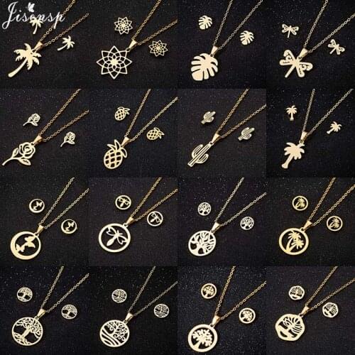 Jisensp Vintage Life of Tree Pendants Necklaces Earrings Plant Stainless Steel Jewelry Sets for Women Girls 2021 New Year Gift