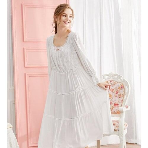 Summer Cotton Palace Style Long-Sleeved Nightdress Women Lace Sweet Princess Loose Cake Dress Small Square Collar Loose Leisure